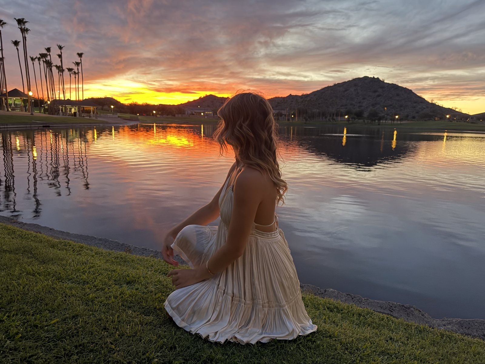 Abri sitting by the lake at sunset